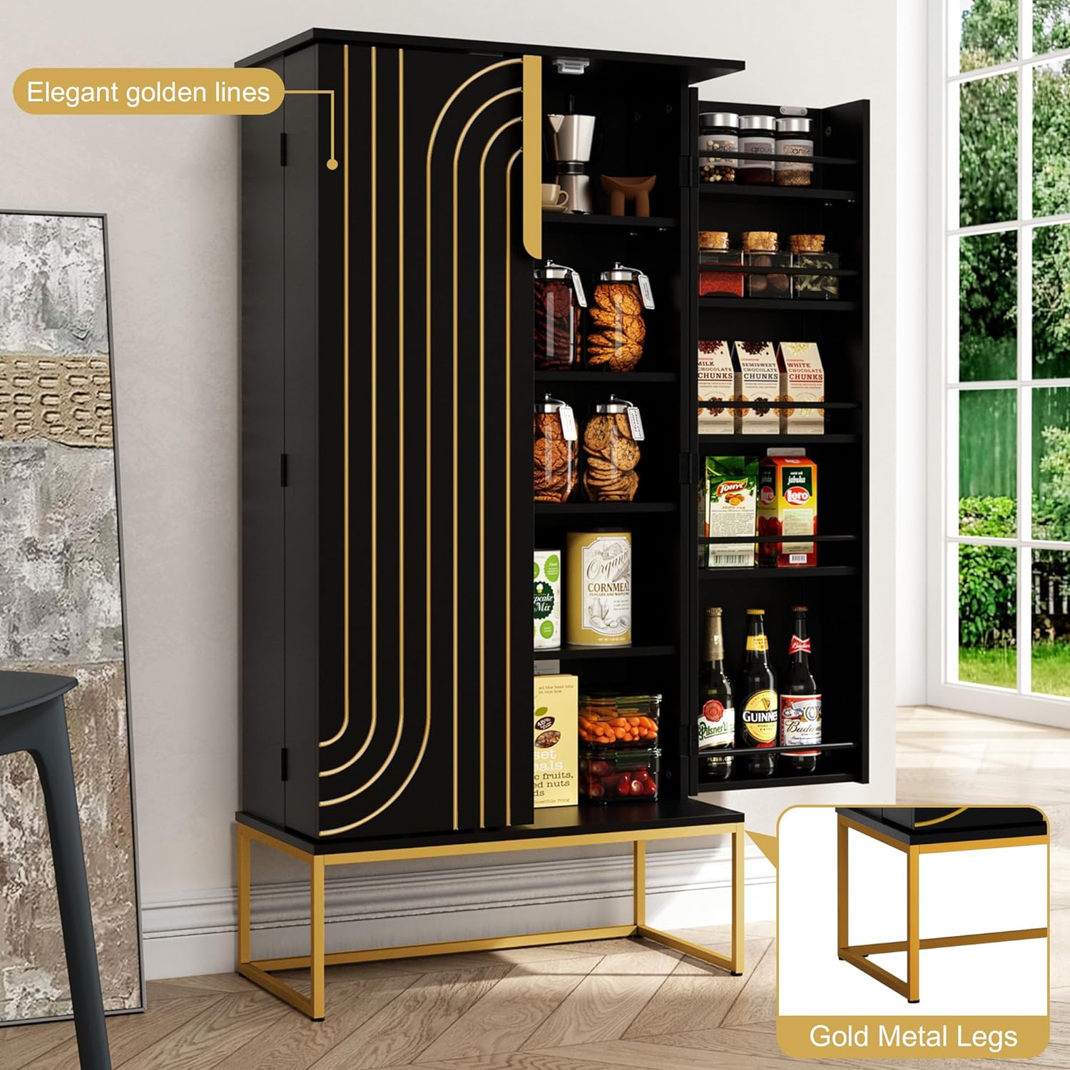 46.5'' Accent Wood Kitchen Pantry with Doors, Storage Cabinet with Adjustable Shelves, Food Pantry Cabinet for Kitchen, Dining Room, Living Room and Garage, Metal Legs,Black