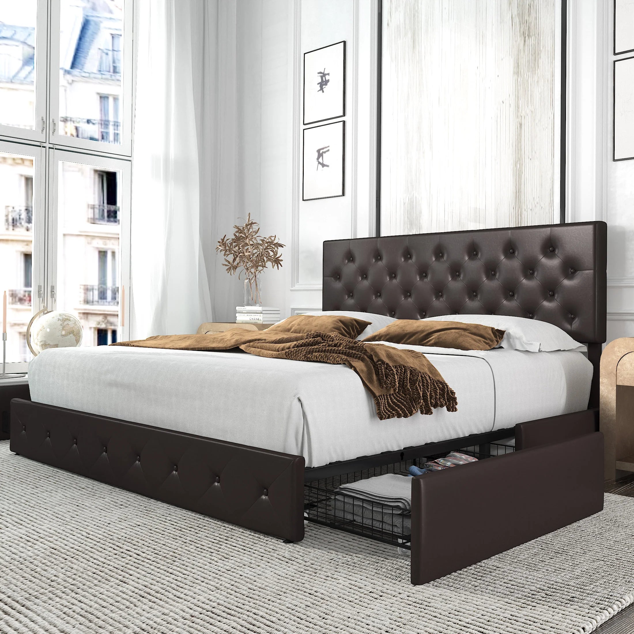 Amolife King Size Faux Leather Platform Bed Frame with 4 Storage Drawers, Button Tufted Style, Black Brown
