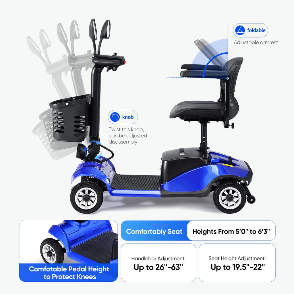 4 Wheels Mobility Scooter Electric Mobility Scooter Wheelchair w/Basket and Extended Battery for Seniors Adults Blue