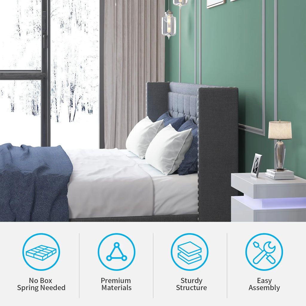 BALUS Full Bed Frame with Upholstered Headboard, Linen Fabrics, Metal Frame and Wood Slats Support, Madison Bed with Classic Modern Design, Easy Assembly, No Box Spring, Dark Gray