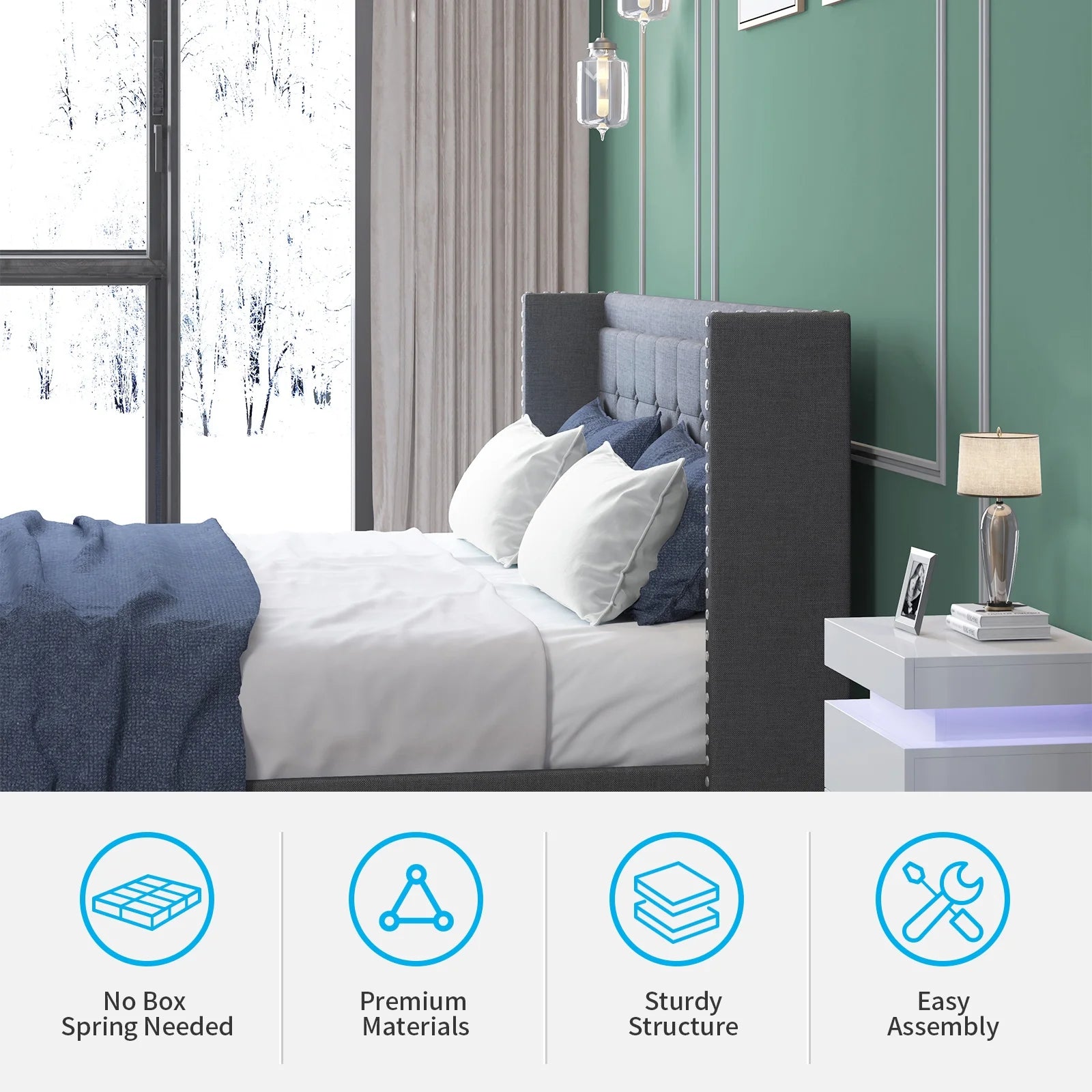 BALUS Full Bed Frame with Upholstered Headboard, Linen Fabrics, Metal Frame and Wood Slats Support, Madison Bed with Classic Modern Design, Easy Assembly, No Box Spring, Dark Gray