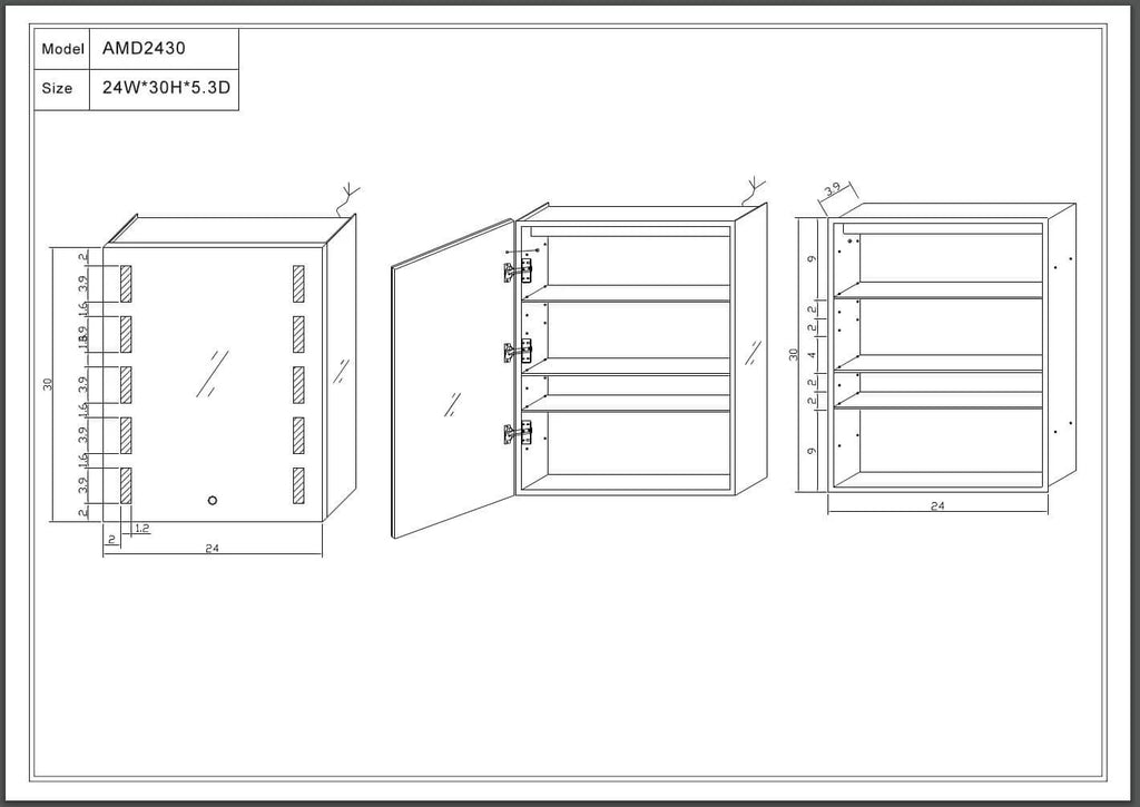 Bathroom Medicine Cabinet, Aluminum, Recessed/Surface Mount, 24" x 30", Left Hand Hinged, Mirrored w/LED