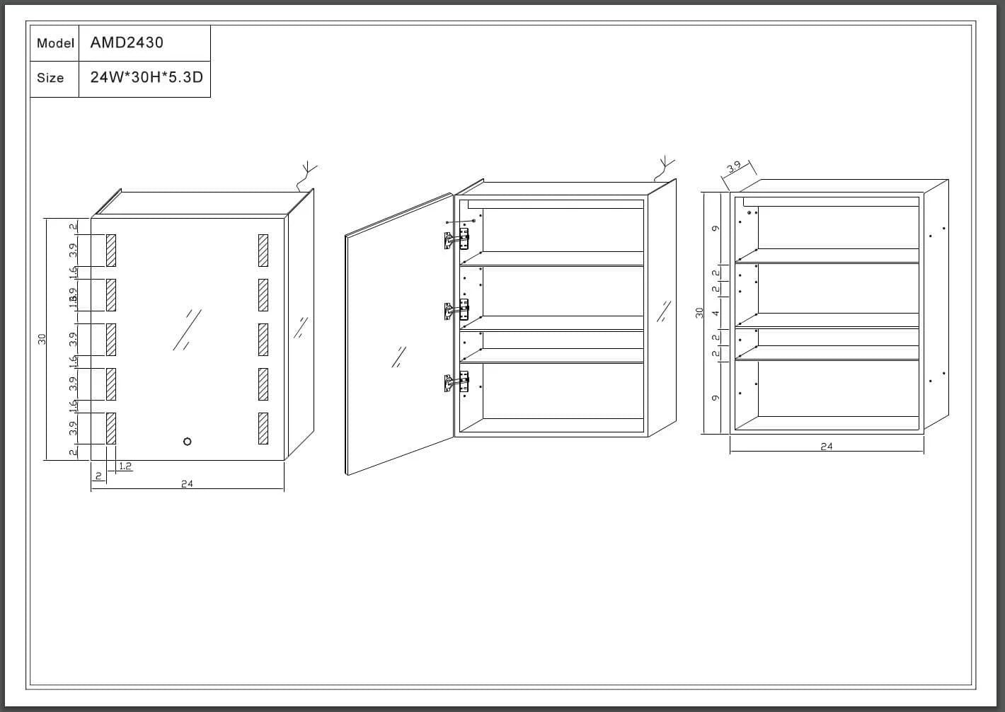 Bathroom Medicine Cabinet, Aluminum, Recessed/Surface Mount, 24" x 30", Left Hand Hinged, Mirrored w/LED