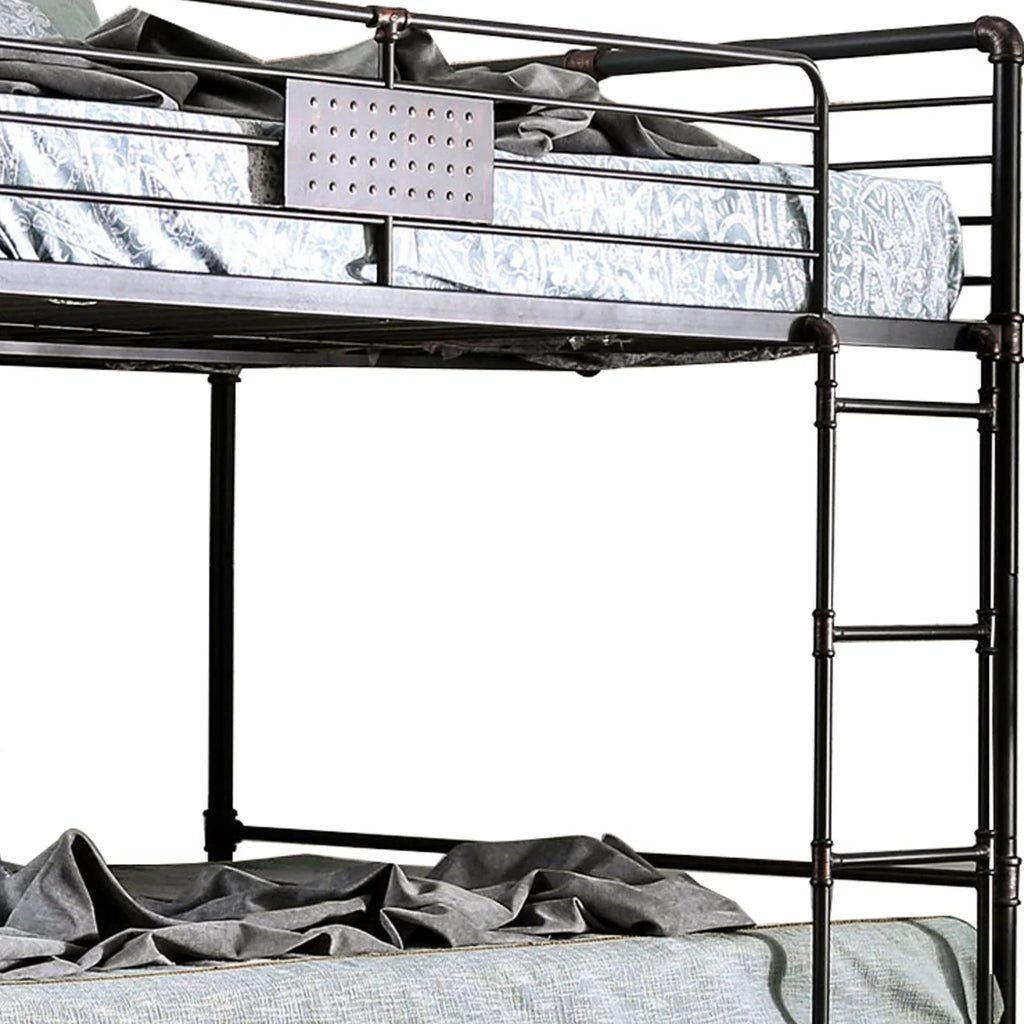 2 Tier Industrial Style Queen Size Bunk Bed with Attached Ladder, Black- Saltoro Sherpi