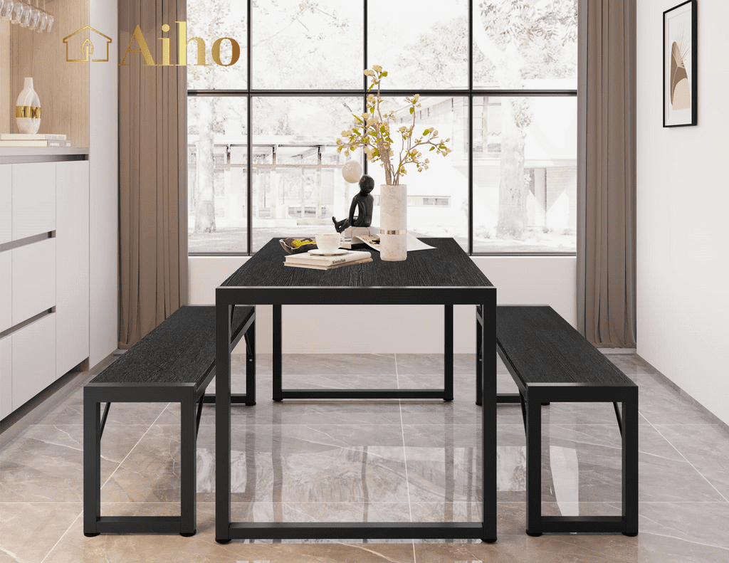 Aiho 45.5" Dining Table Set for 4, Kitchen Table with 1 Table & 2 Benches, Dining Room Set for Small Spaces - Gray