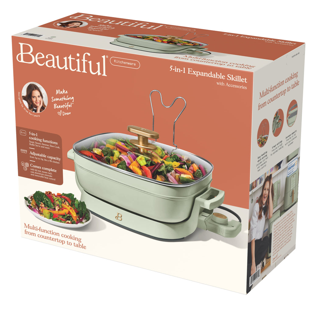 Beautiful 5 in 1 Electric Skillet - Expandable up to 7 Qt with Glass Lid, White Icing by Drew Barrymore