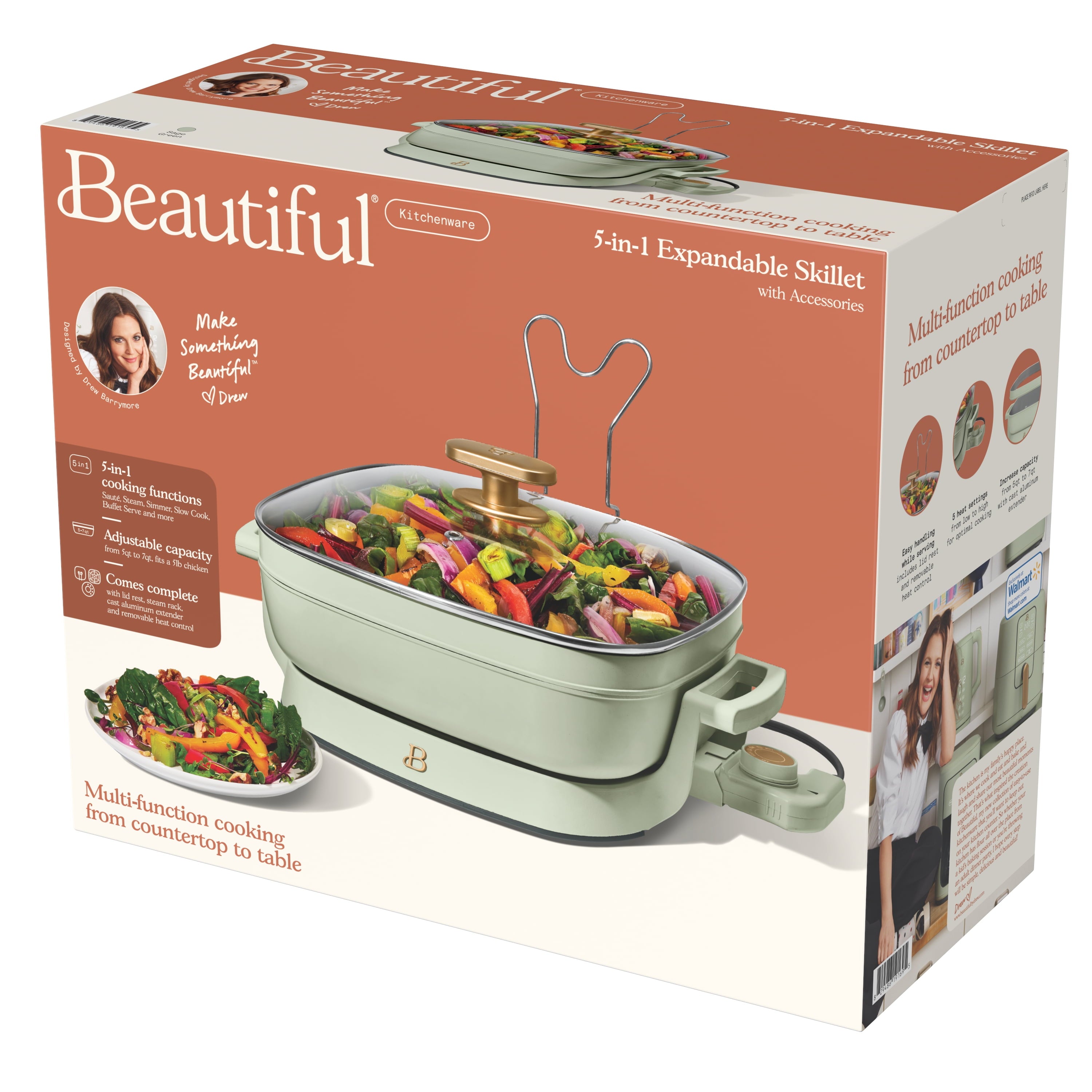 Beautiful 5 in 1 Electric Skillet - Expandable up to 7 Qt with Glass Lid, White Icing by Drew Barrymore