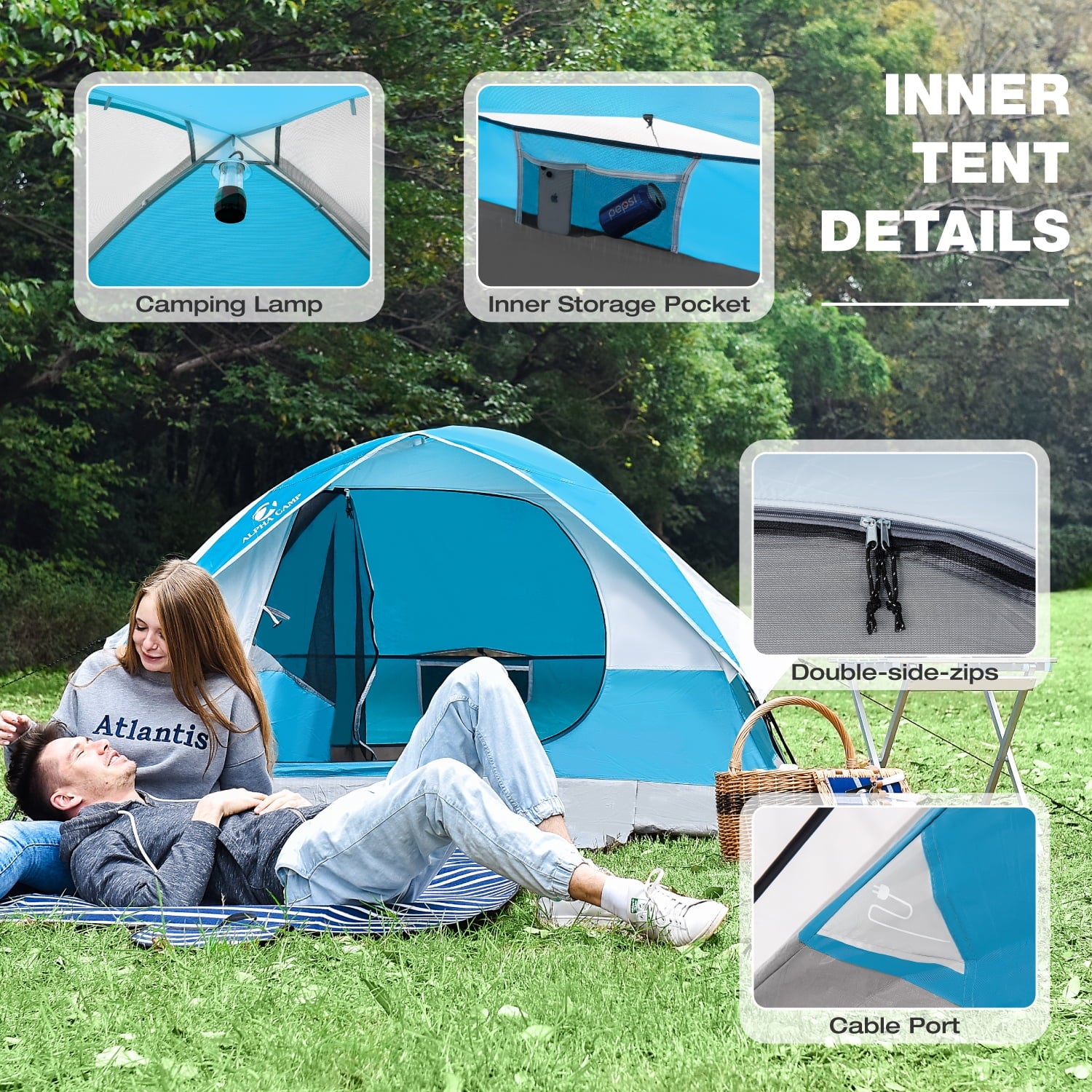 Alpha Camper 2-Person Camping Dome Tent Waterproof Portable Tent with Carry Bag, Blue