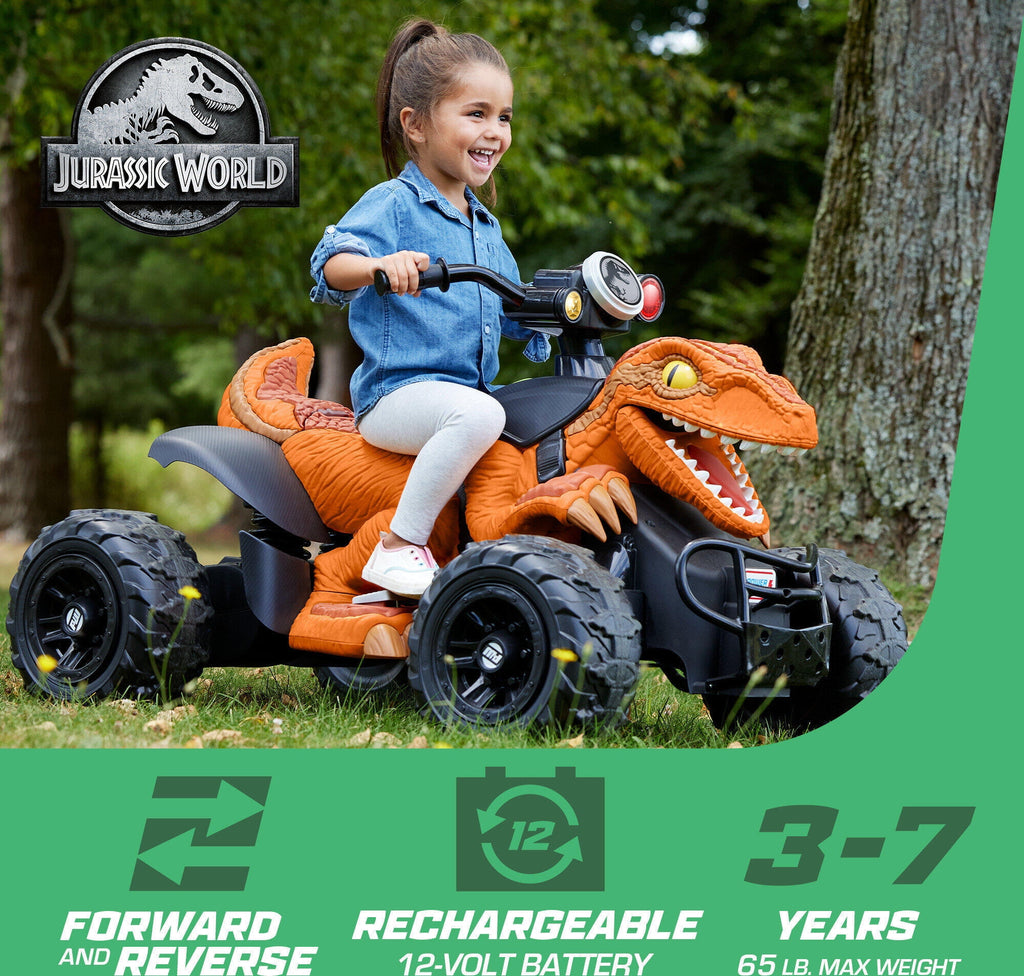 12V Power Wheels Jurassic World Dino Racer Battery-Powered Ride-On ATV Dinosaur Toy, Orange
