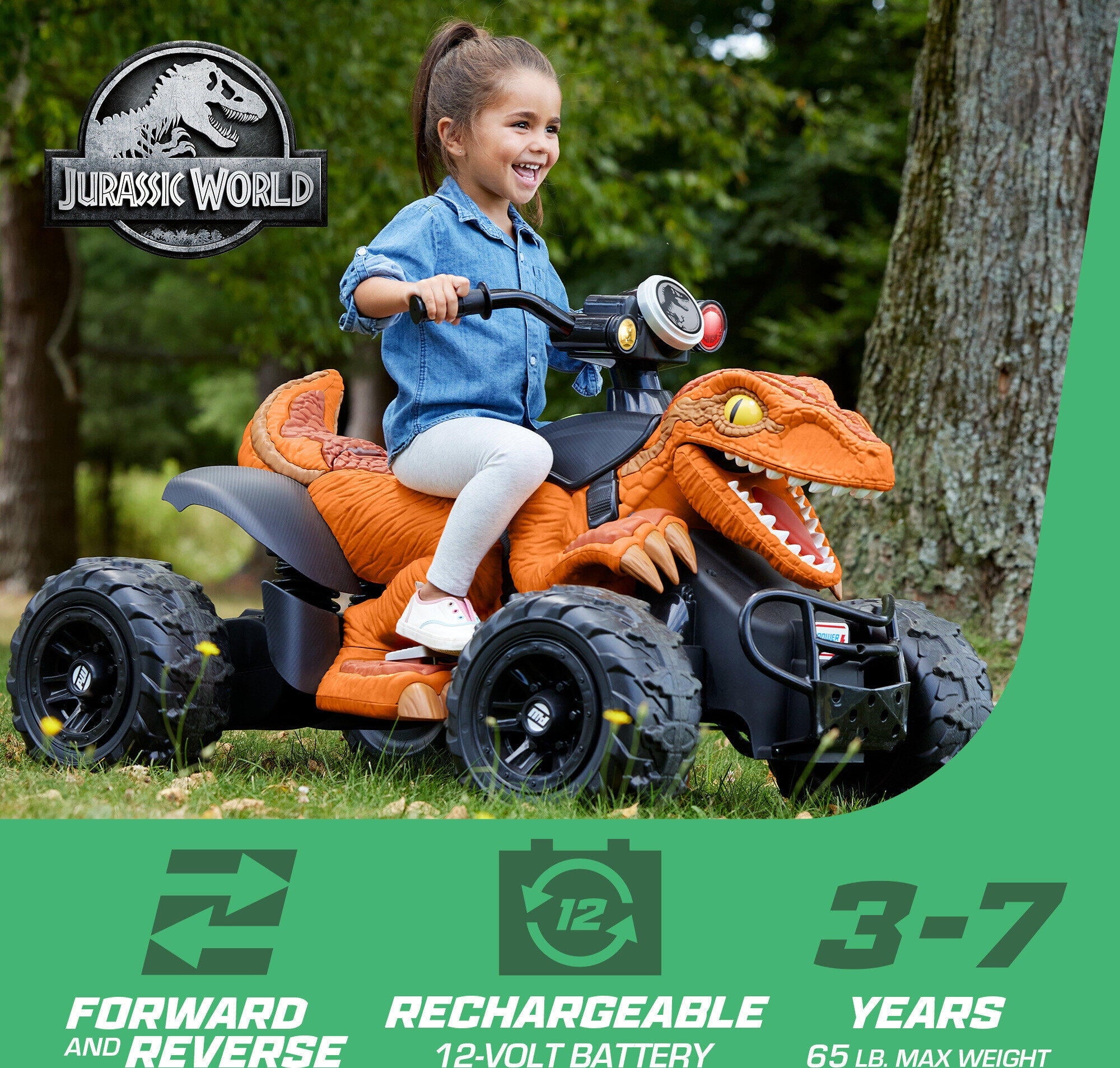 12V Power Wheels Jurassic World Dino Racer Battery-Powered Ride-On ATV Dinosaur Toy, Orange