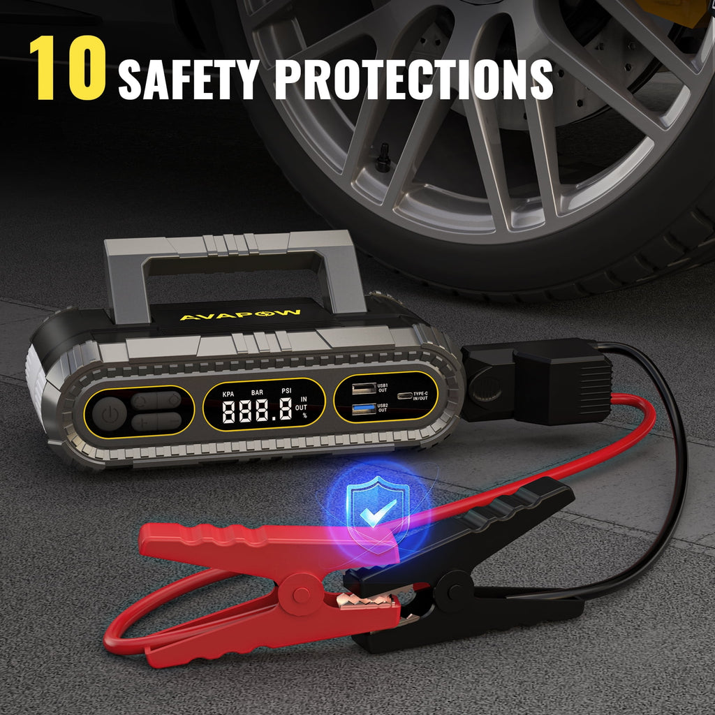 AVAPOW Jump Starter with Air Compressor, 4000A Battery Jump Starter (for All Gas or Up to 10L Diesel), 150PSI Digital Tire Inflator with Emergency Light