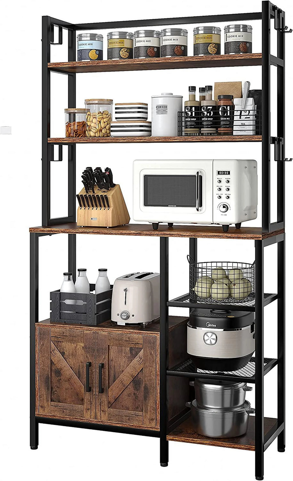 6-Tier Kitchen Bakers Rack with Hutch, Industrial Microwave Oven Stand with Shelves, Utility Storage Shelf with Cabinet & 8 Hooks, Hutch, Rustic Brown