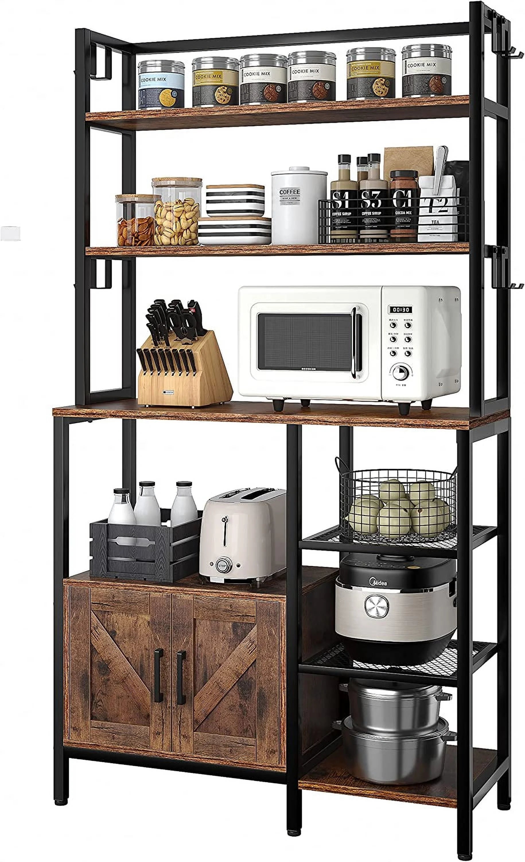 6-Tier Kitchen Bakers Rack with Hutch, Industrial Microwave Oven Stand with Shelves, Utility Storage Shelf with Cabinet & 8 Hooks, Hutch, Rustic Brown