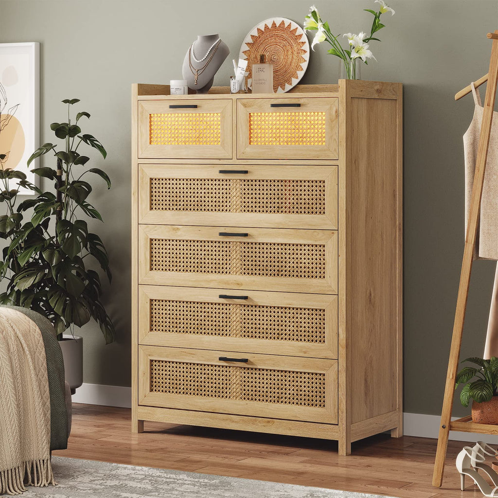 6 Drawer Dresser with Led Light for Bedroom, Natural Rattan Wood Dressers,Tall Dressers & Chests of Drawers,Living Room Entryway Closet Dresser