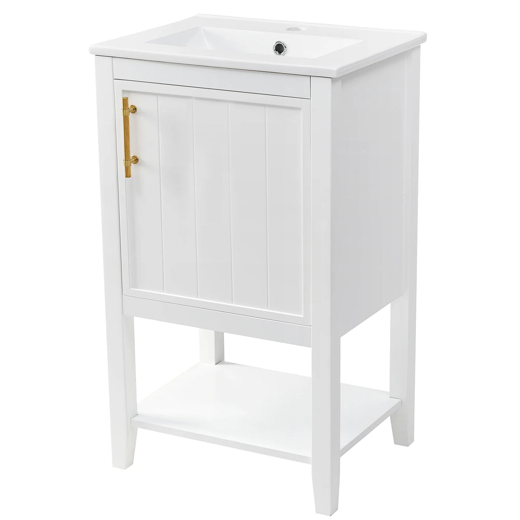 20" Bathroom Vanity with Sink, Freestanding Bathroom Storage Cabinet with Door and Open Shelf Rack, Solid Wood Cabinet Basin Vessel Sink Set