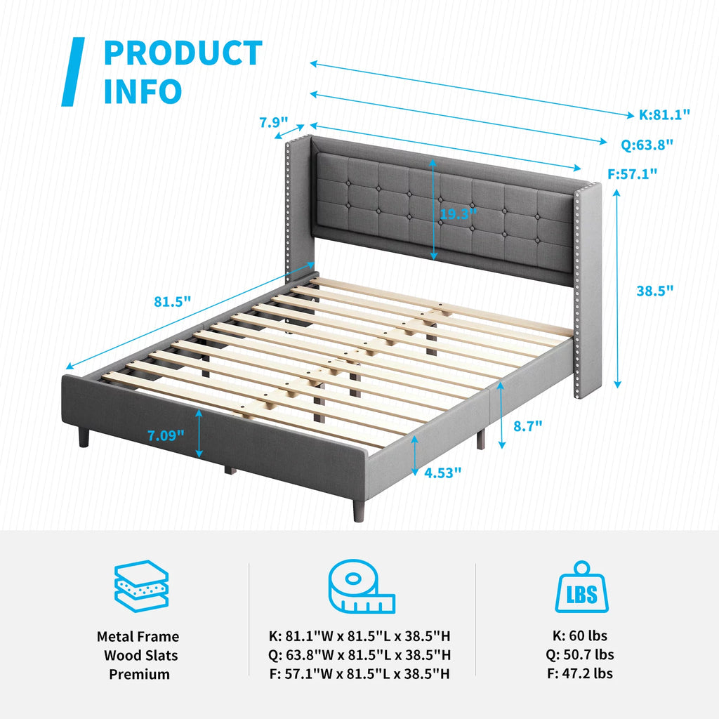 BALUS Full Bed Frame with Upholstered Headboard, Linen Fabrics, Metal Frame and Wood Slats Support, Madison Bed with Classic Modern Design, Easy Assembly, No Box Spring, Dark Gray