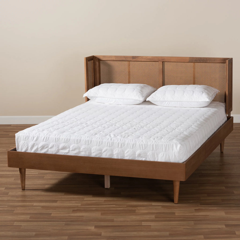 Baxton Studio Rina MidCentury Modern Ash Wanut Finished Wood and Synthetic Rattan Full Size Platform Bed with WrapAround Headboard