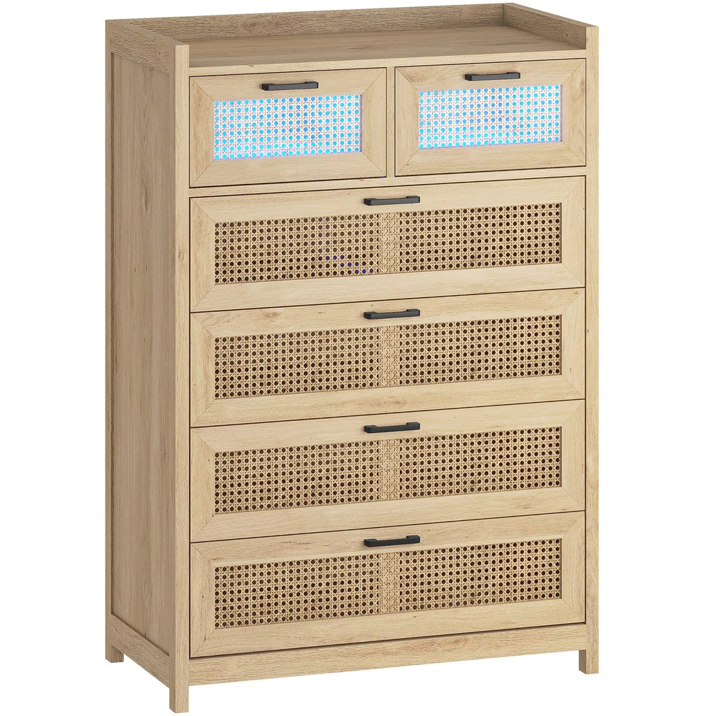 6 Drawer Dresser with Led Light for Bedroom, Natural Rattan Wood Dressers,Tall Dressers & Chests of Drawers,Living Room Entryway Closet Dresser