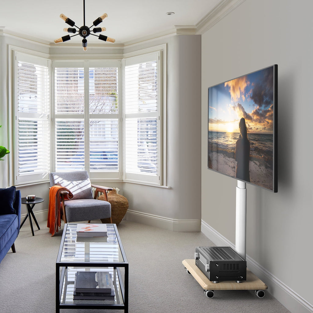 5Rcom Modern Floor Rolling TV Stand for TVs up to 65 inch, White, Wooden Base