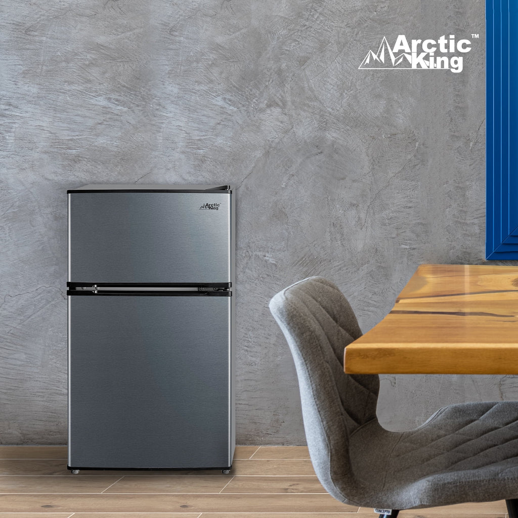 Arctic King 3.2 Cu ft Two Door Compact Refrigerator with Freezer, Stainless Steel, E-star
