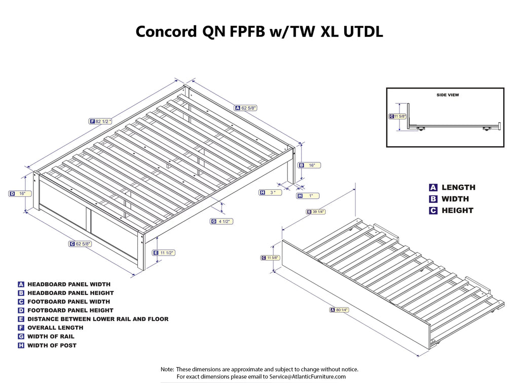 AFI Concord Queen Platform Solid Wood Panel Bed with Trundle in Gray