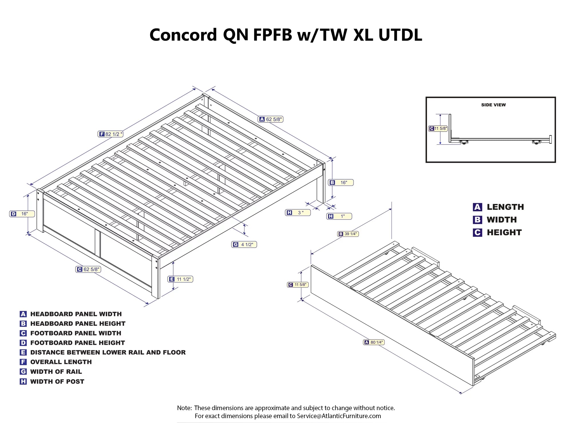 AFI Concord Queen Platform Solid Wood Panel Bed with Trundle in Gray