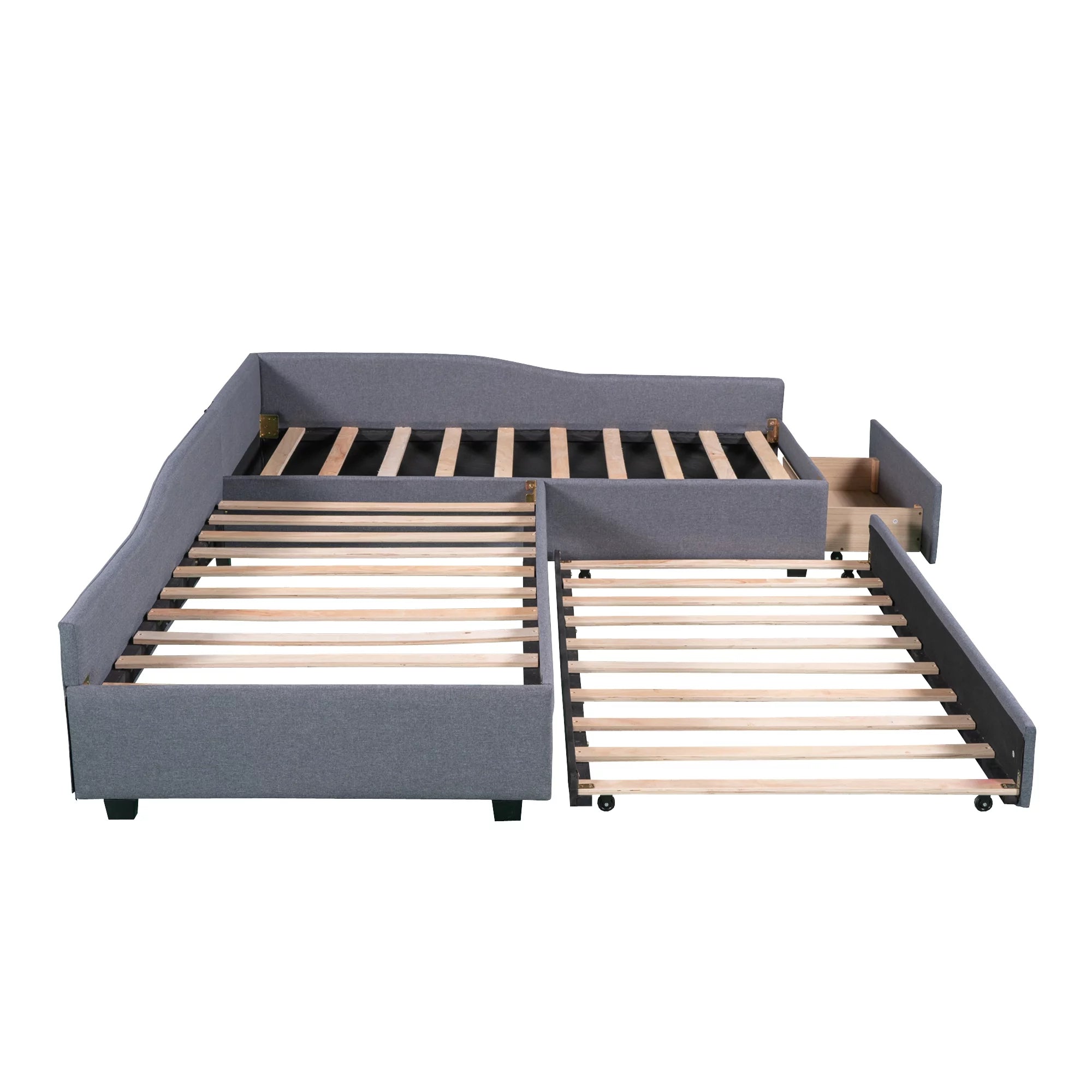 Bellemave L-Shaped Daybed with Trundle and Drawers, Double Twin Size Upholstered Sofa Bed with Storage, Twin Daybed Frame for Kids, Teens & Adults, Gray