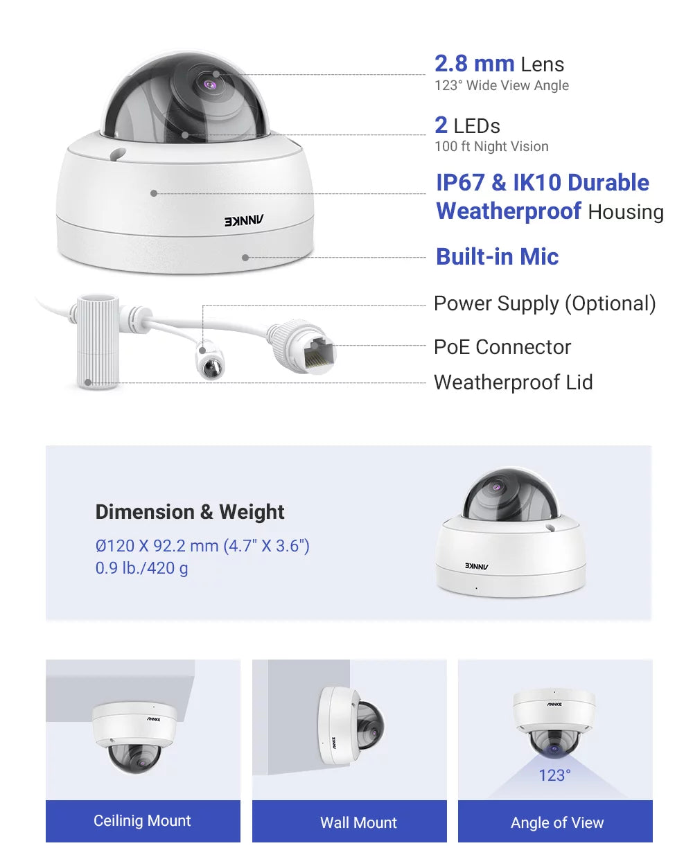 ANNKE 4PCS Ultra HD 8MP Poe Camera 4K Outdoor Indoor Weatherproof Security Network Dome EXIR Night Vision Email Alert CCTV Camera