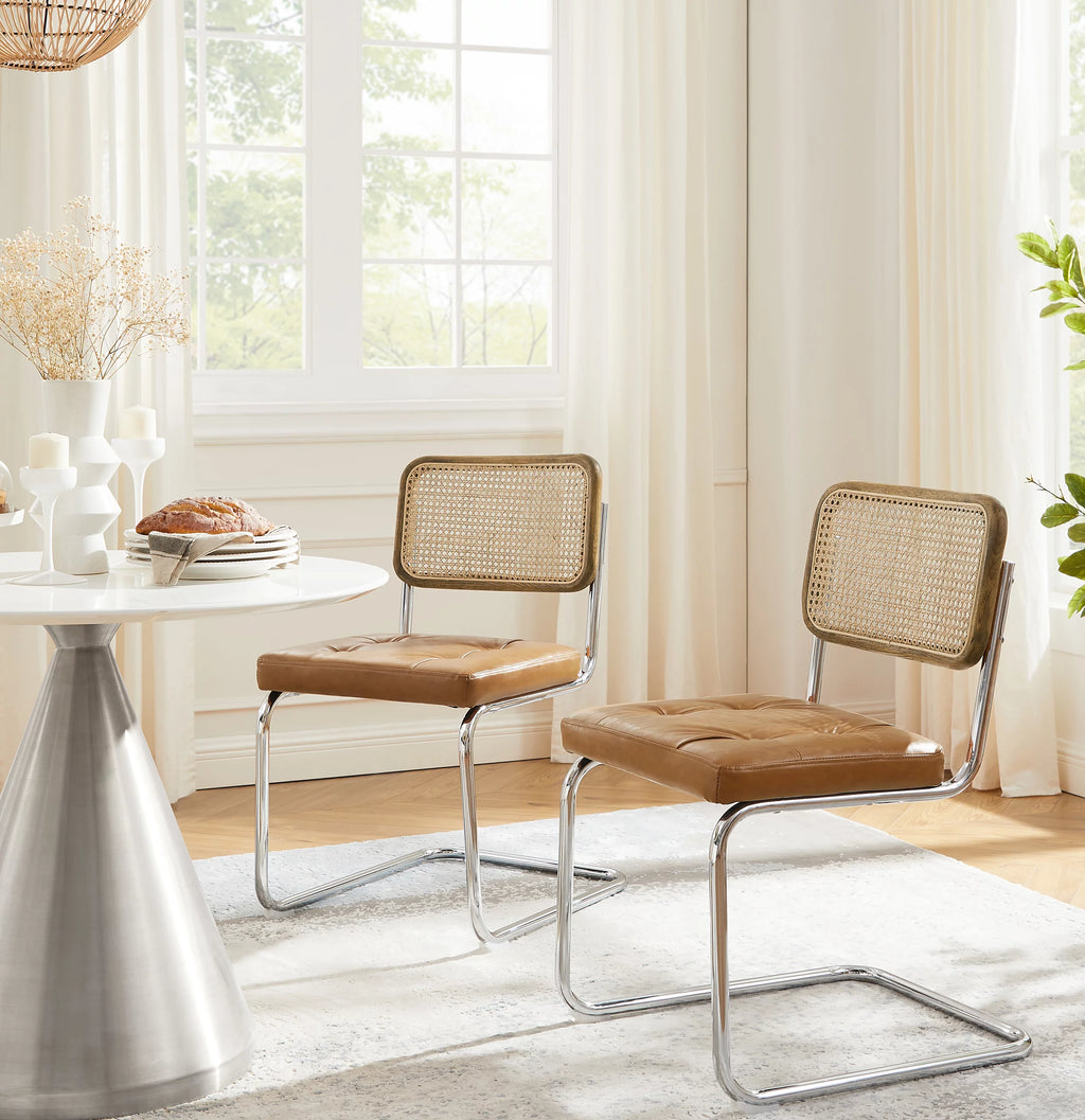 Art Leon Dining Chairs Set of 2,Rattan Upholstered Side Chairs with Cane Back, Faux Leather Dining Room Chairs, Yellow Brown