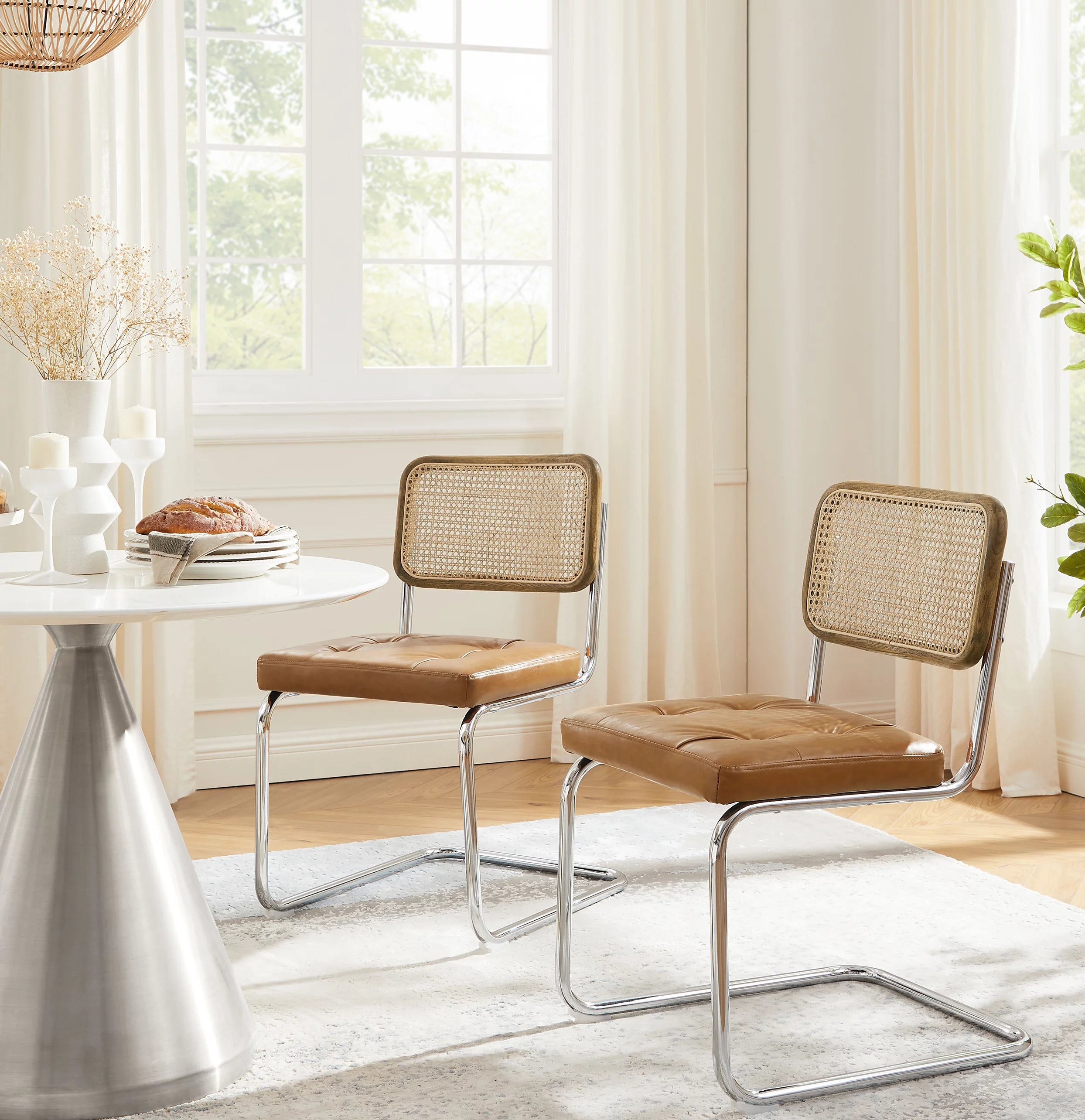 Art Leon Dining Chairs Set of 2,Rattan Upholstered Side Chairs with Cane Back, Faux Leather Dining Room Chairs, Yellow Brown