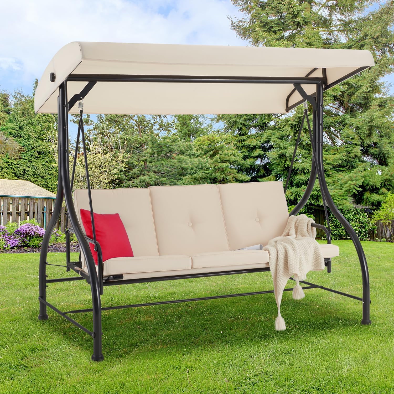 3-Seat Outdoor Porch Swing with Adjustable Backrest and Canopy, w/Removable Cushions Outdoor Swing Bed for Porch, Backyard, Poolside, Beige