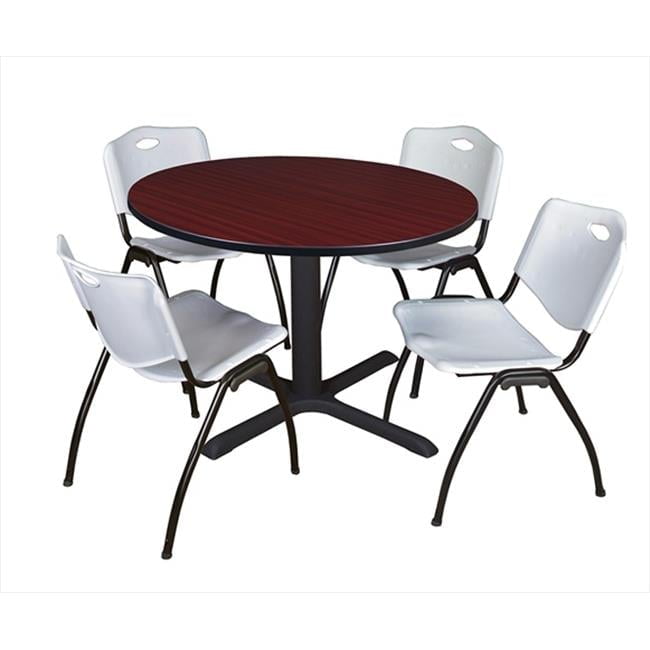 48 In. Round Laminate Table- Mahogany & Cain Base With 4 Grey M Stack Chairs