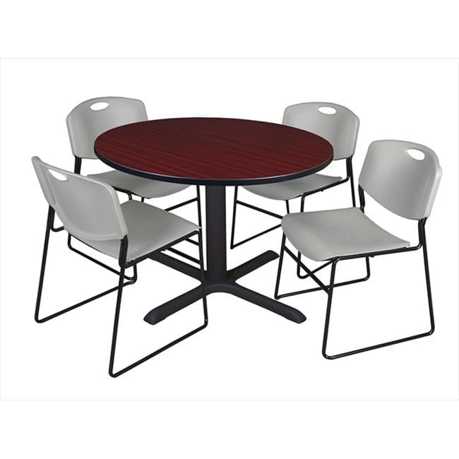 48 In. Round Laminate Table- Mahogany & Cain Base With 4 Grey Zeng Stack Chairs