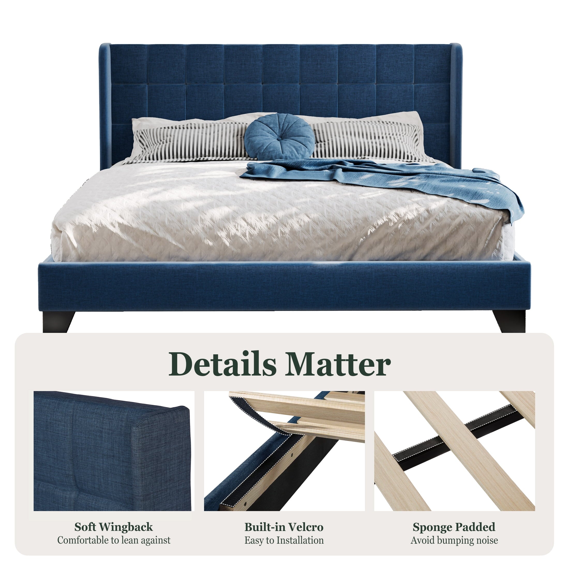 Amolife Queen Size Platform Bed with Wingback Headboard, Square Stitched Style, Dark Grey