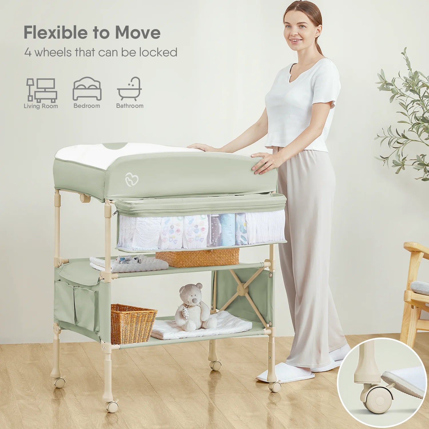 BabyBond Portable Baby Changing Table, Foldable Table Dresser Waterproof Diaper Height Adjustable Station for Infant and Newborn(Green)