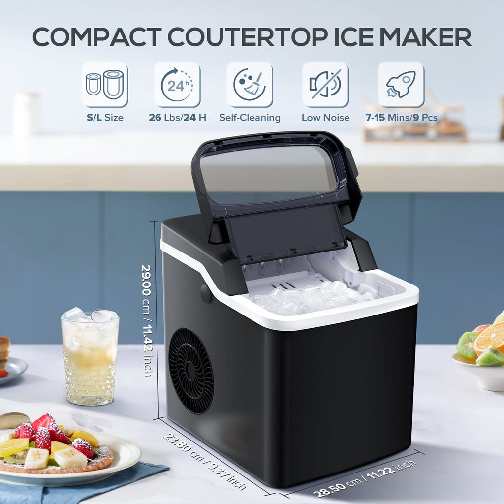Auseo Portable Ice Maker Countertop, One-Click Operation Ice Makers with Ice Scoop and Basket, for Kitchen/Office/Bar/Party-Black