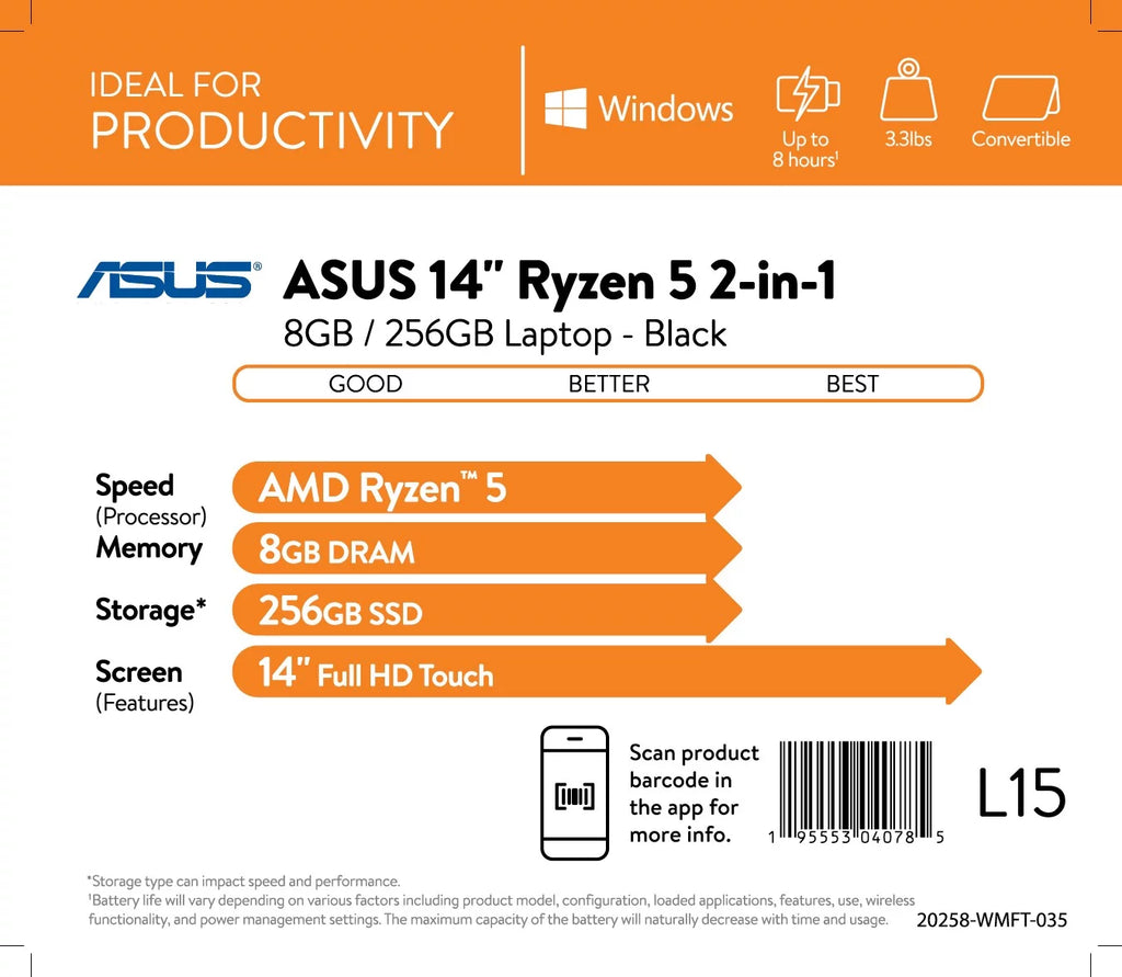 ASUS 14" 2-in-1 Laptop; FHD Touch, AMD Ryzen 5, 8GB, 256GB, Windows 10 Home, Black, TM420UA-WS51T