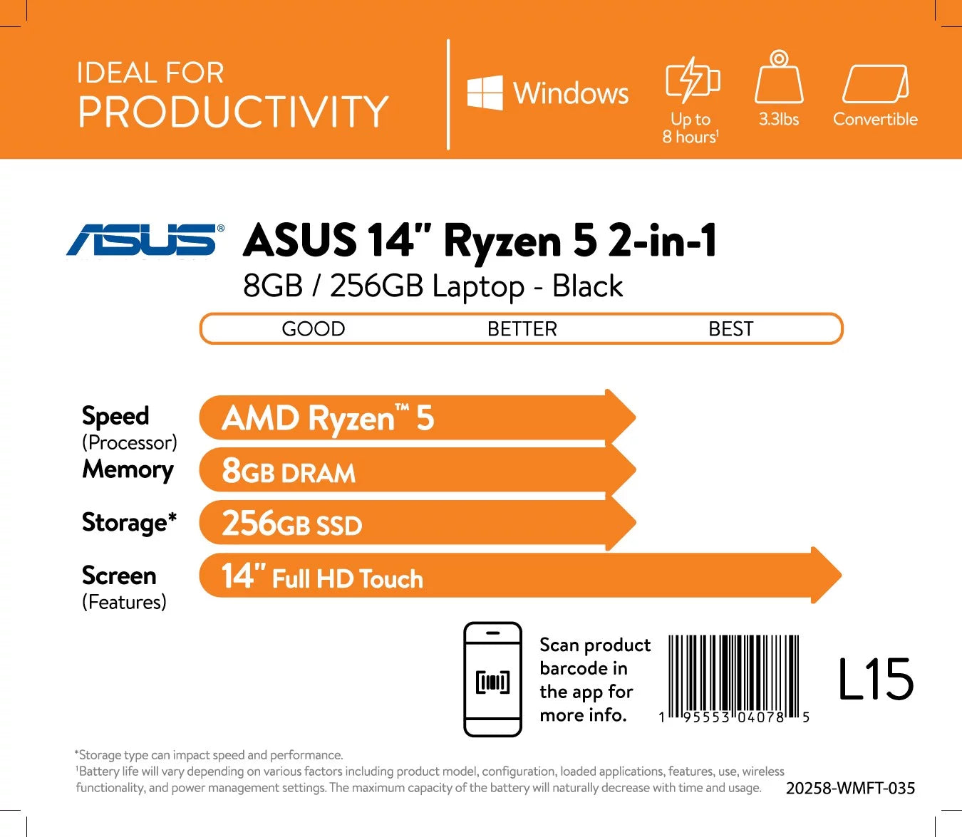 ASUS 14" 2-in-1 Laptop; FHD Touch, AMD Ryzen 5, 8GB, 256GB, Windows 10 Home, Black, TM420UA-WS51T
