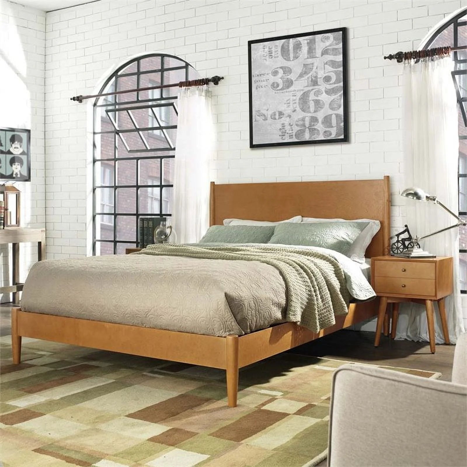 Allora Mid-Century Wood King Panel Platform Bed in Acorn Brown