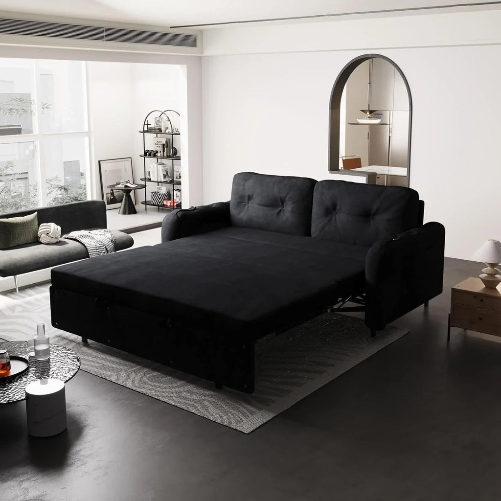 66.2" Sleep Sofa Bed Queen Size, Hydraulic System Pull Out Couch Bed, Sleeper Sofa  Loveseat with 2 Pillows, Modern Velvet Upholstered Couch for Living Room, Small Space, Apartment, Bedroom, Black