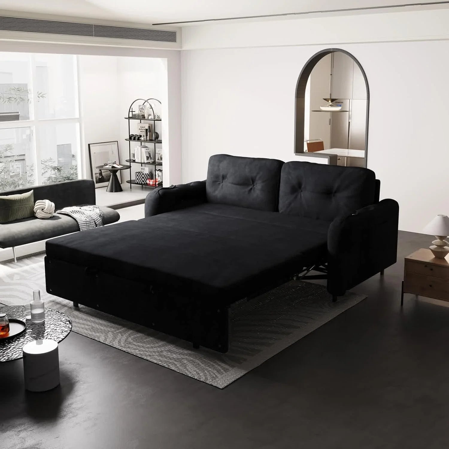 66.2" Sleep Sofa Bed Queen Size, Hydraulic System Pull Out Couch Bed, Sleeper Sofa  Loveseat with 2 Pillows, Modern Velvet Upholstered Couch for Living Room, Small Space, Apartment, Bedroom, Black