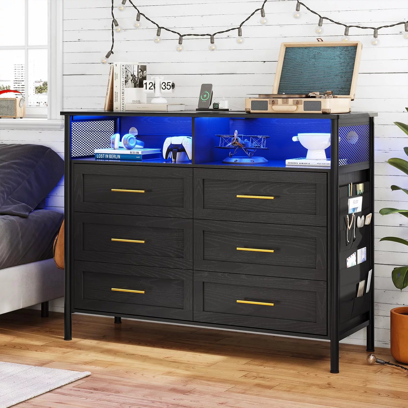 6 Drawer Dresser with Charging Station, Modern LED Wood Dresser with LED Lights and Cloth Pocket, Black