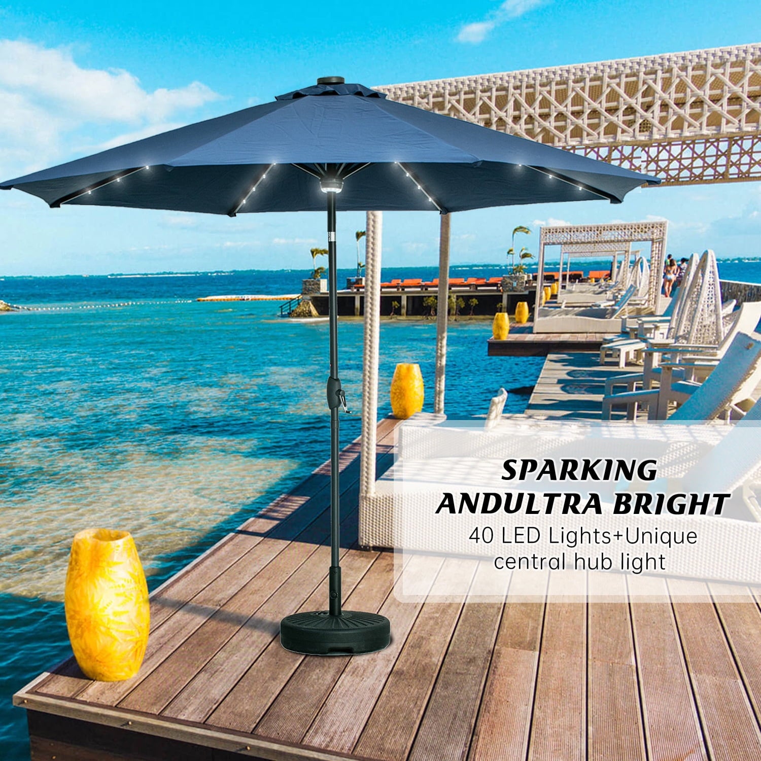 Autlaycil 10 ft Solar Patio Umbrellas with 40 LED lights for Market Outdoor Pool, Steel Tilt Crank, Navy Blue