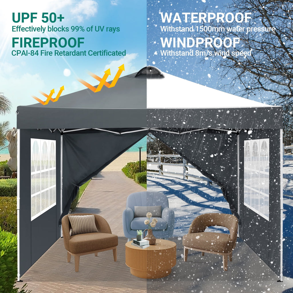 10'x10' EZ Pop Up Canopy with Top Vent, Large Commercial Tent, Waterproof and Sunproof with 4 Removable Sidewalls, Suitable for Weddings come with 4 Sandbags (Black)