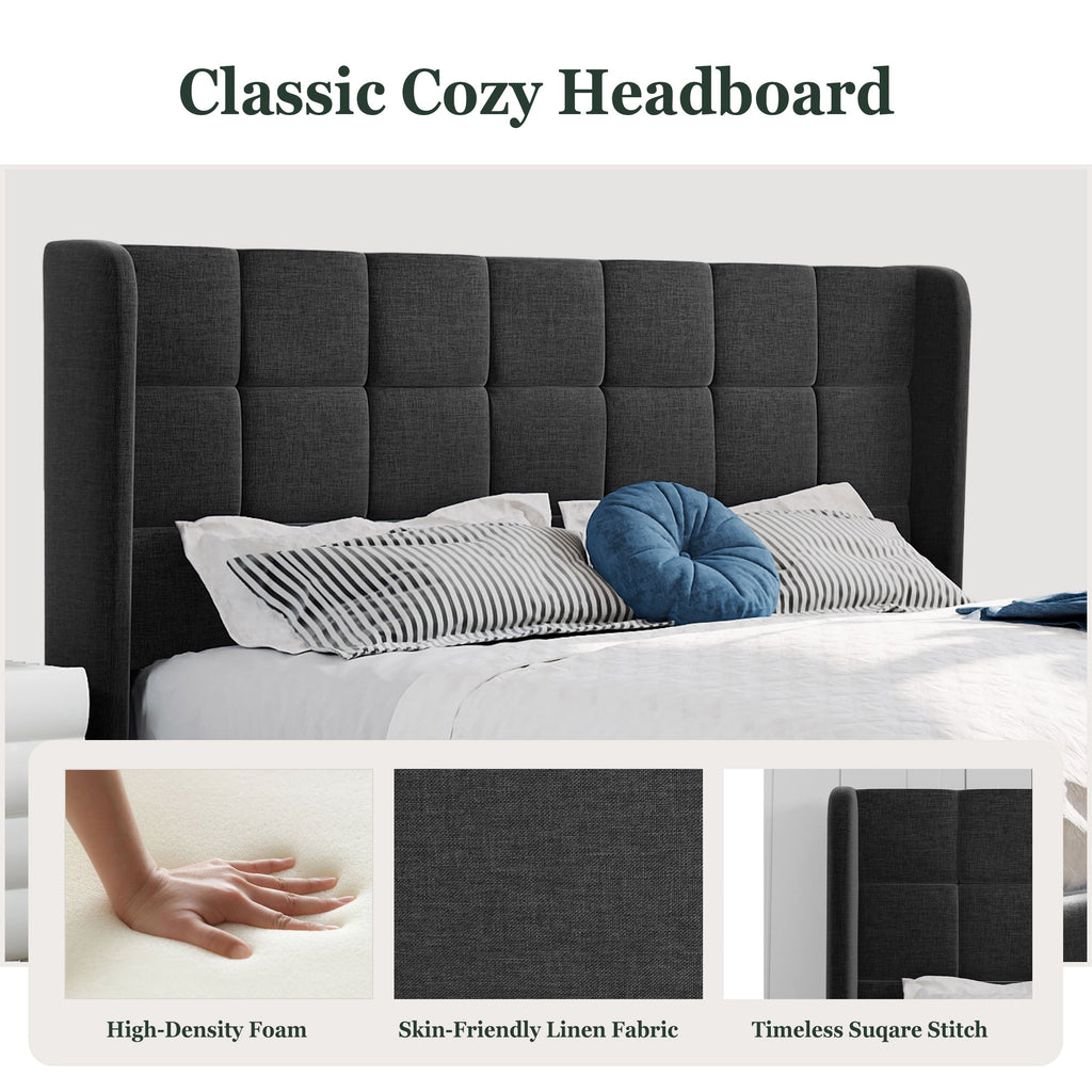 Amolife Queen Size Platform Bed with Wingback Headboard, Square Stitched Style, Dark Grey