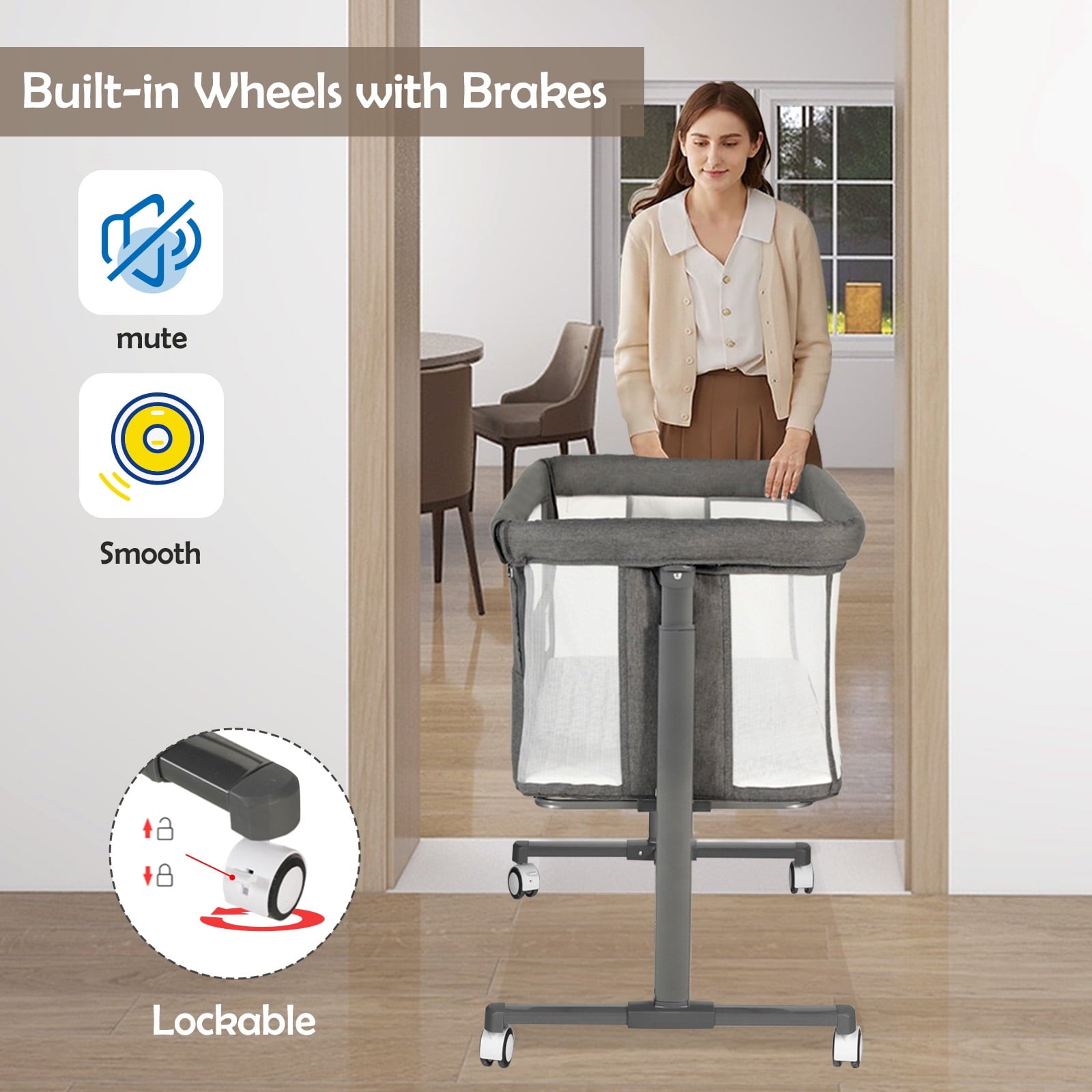 AILEEKISS Baby Bassinet with Wheels Adjustable Bedside Sleeper Bassinet Newborn Baby Crib, Grey