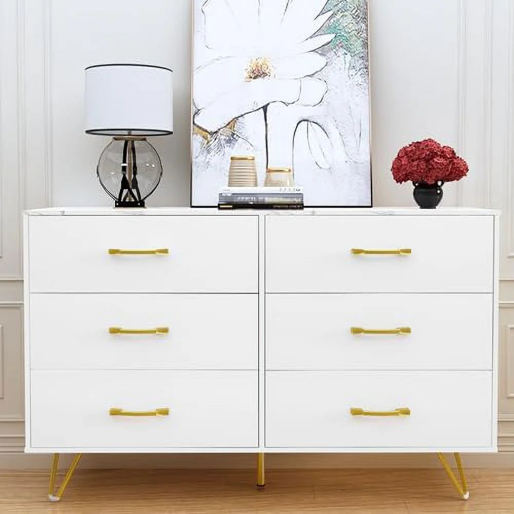 6 Drawer Dresser for Bedroom  White Dresser   Large Double Dresser with Faux Marble Top and Wide Drawers   Organizer Dresser  Chests of Drawers for Hallway  Living Room  Bedroom