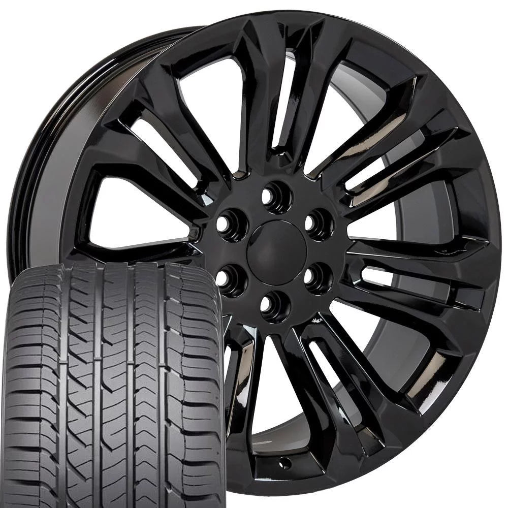 22 inch Black 5666 OE Wheels & Goodyear Tires Set Fit GM Trucks & Suv's - Silverado Style Rims