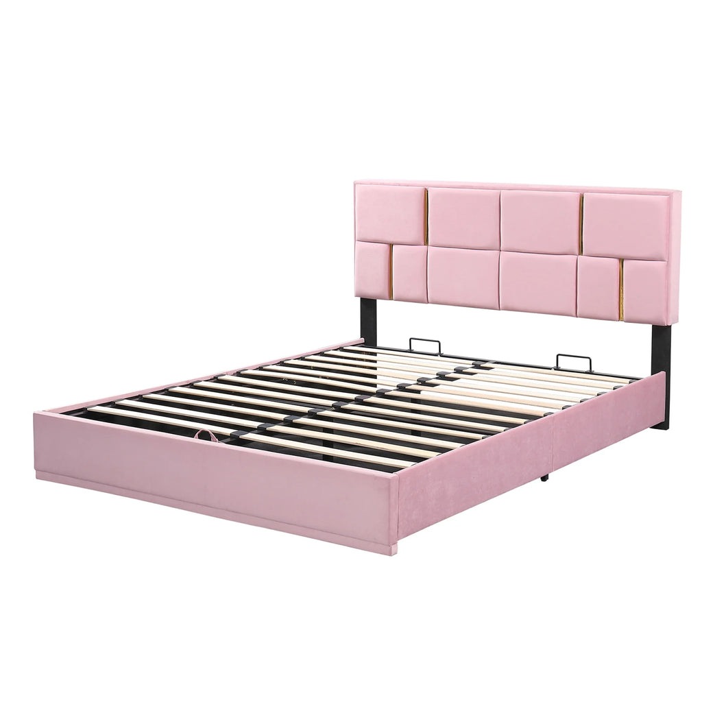 2-Pieces Bedroom Sets,Queen Size Upholstered Platform Bed with Hydraulic Storage System,Storage Ottoman with Metal Legs,Pink