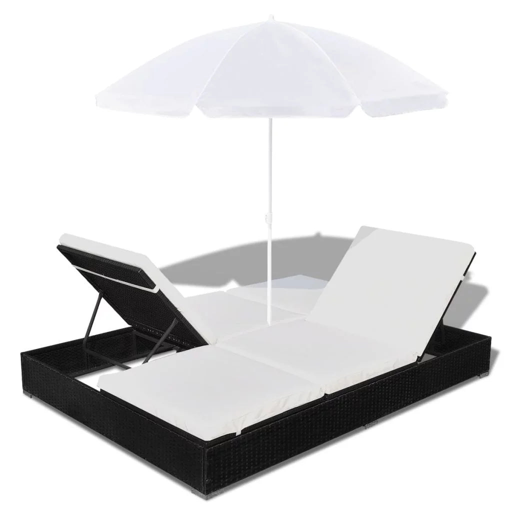 Anself Patio Chaise Lounge Sun Lounger with Umbrella Adjustable, Weather Resistant Outdoor Wicker Sun Bed Poly Rattan Black 77.6" x 55" x 74.8" (L x W x H)